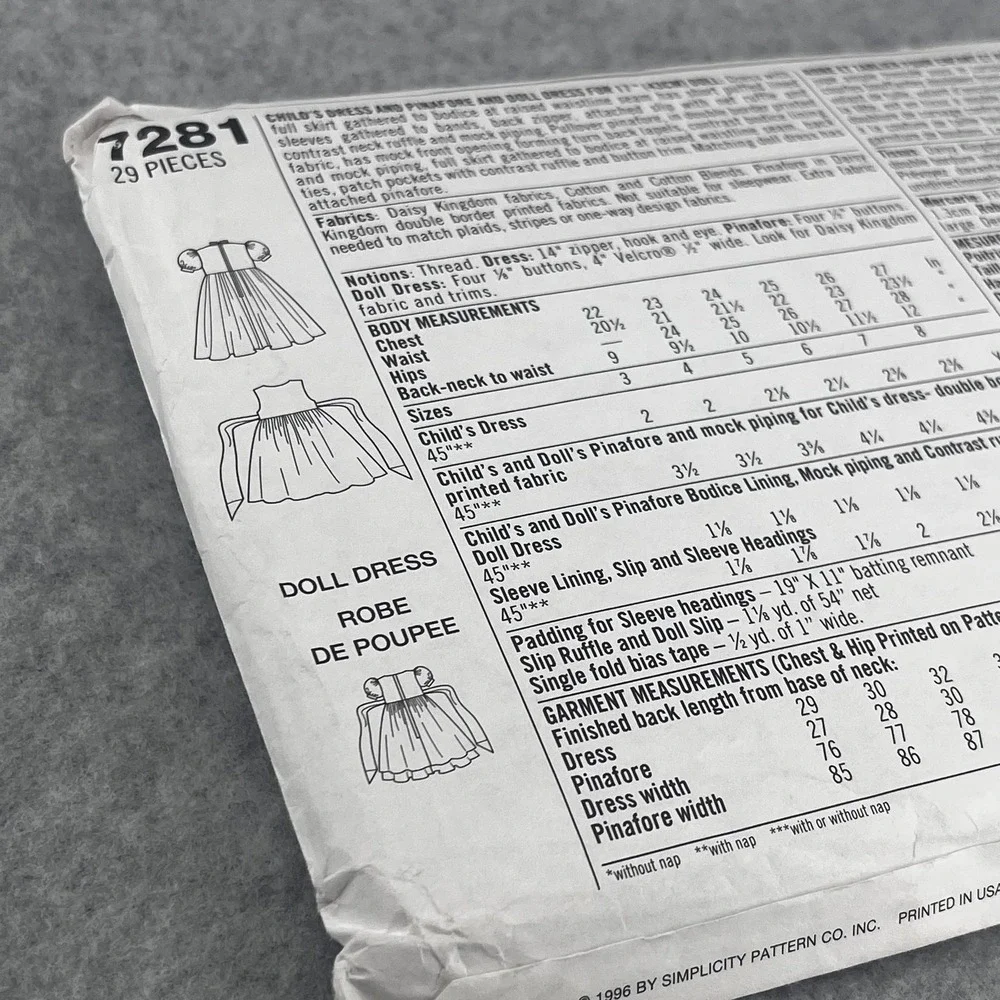 Uncut 7281 Daisy‎ Kingdom Child Dress Simplicity Girls 3-6 Pinafore Doll Pattern